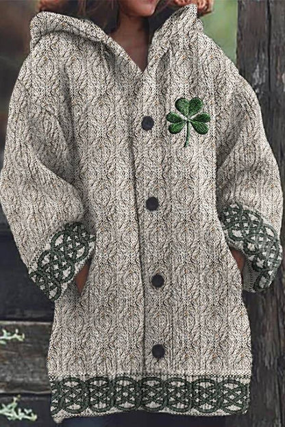Suéter con capucha de jacquard con nudo celta irlandés para mujer