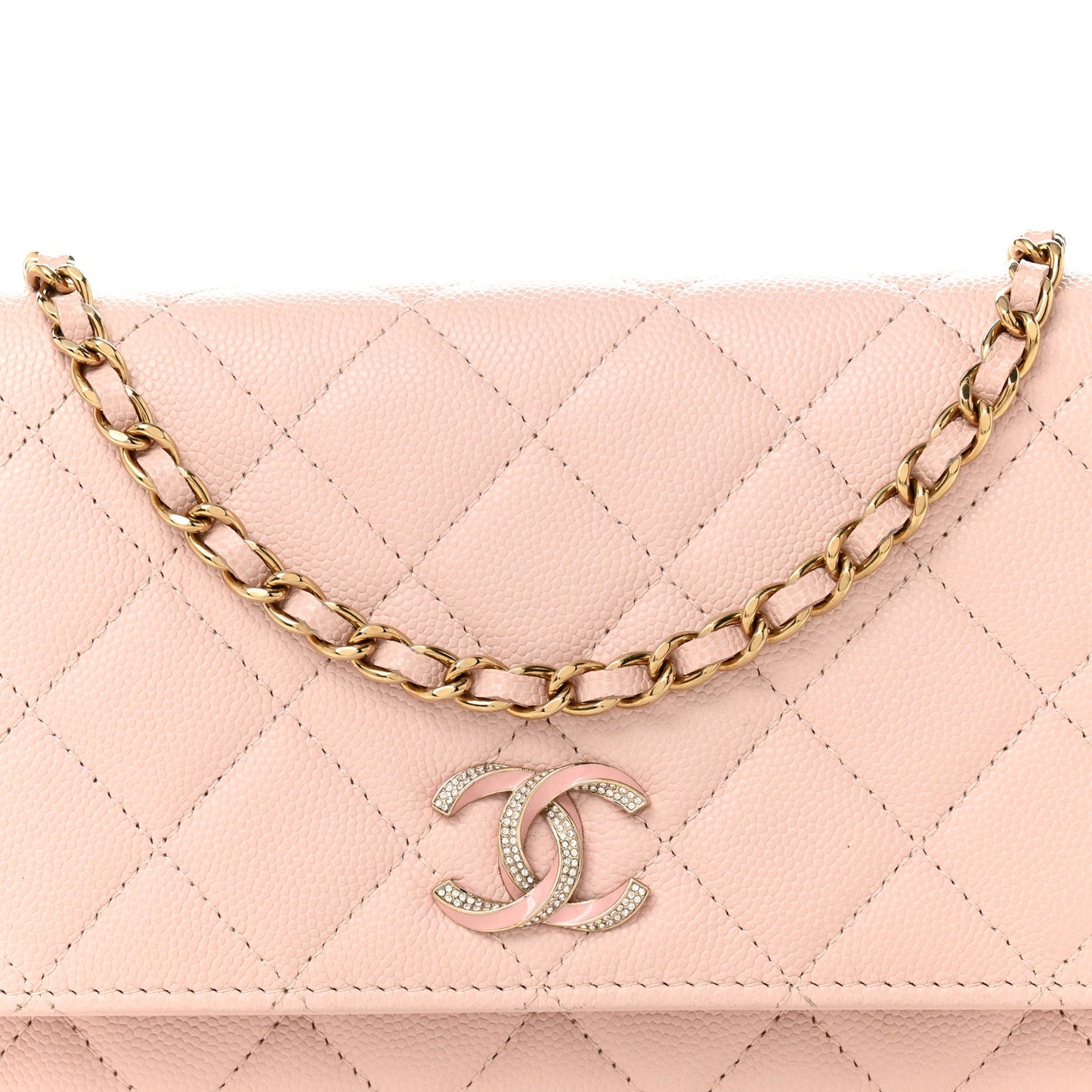 Caviar Quilted Crystal Enamel CC Wallet On Chain WOC Light Pink