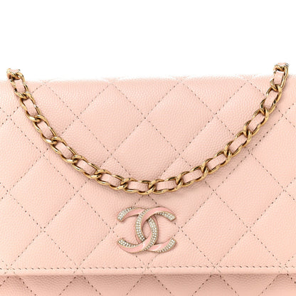 Caviar Quilted Crystal Enamel CC Wallet On Chain WOC Light Pink