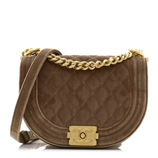 Velvet Quilted Small Boy Messenger Bag Beige