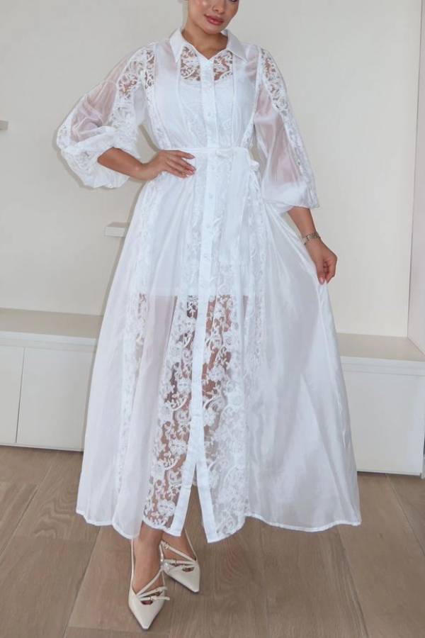 Exquisito vestido largo con solapa y bordado de encaje