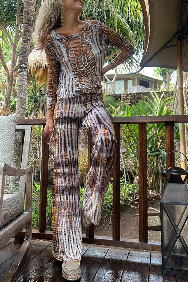 Tie-dye Print Back Cross Cutout Design Loose Stretch Top