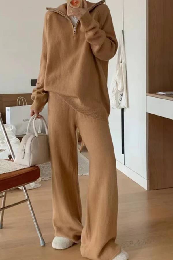 Traje informal de dos piezas con suéter de solapa y pantalones anchos