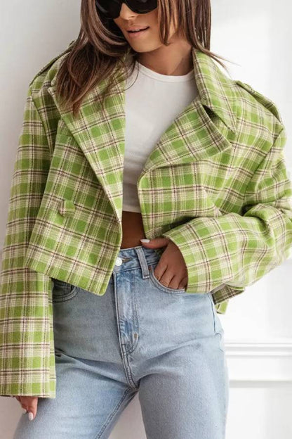 Chaqueta con estampado de cuadros y cuello vuelto para mujer, otoño/invierno