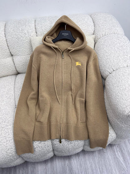 Burberry 25 Zipper-Up Hooded Knit Cardigan Beige Wool Cashmere