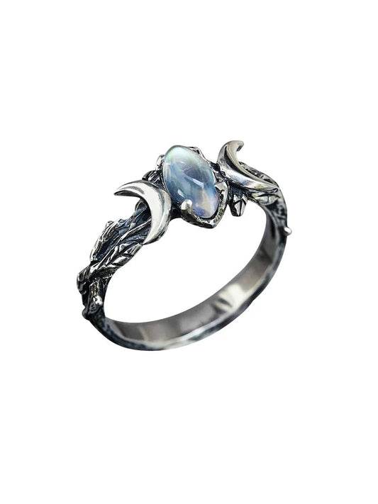 Anillo geométrico de doble luna con piedras preciosas 