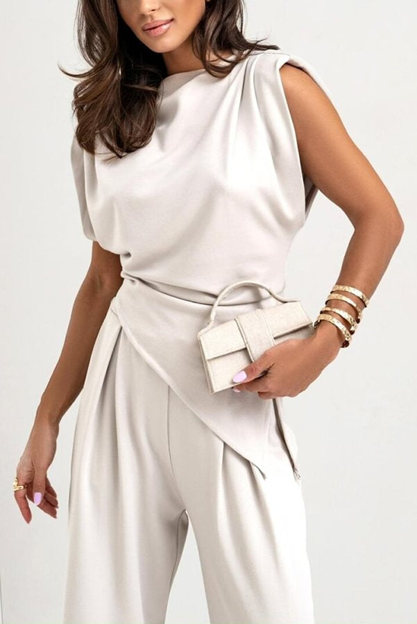 Conjunto de top fruncido con abertura en los hombros y pantalones anchos con bolsillos y cintura elástica de Jordy 