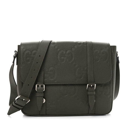 Piuma Calfskin Jumbo GG Embossed Double Buckle Medium Messenger Bag Dark Vintage Olive