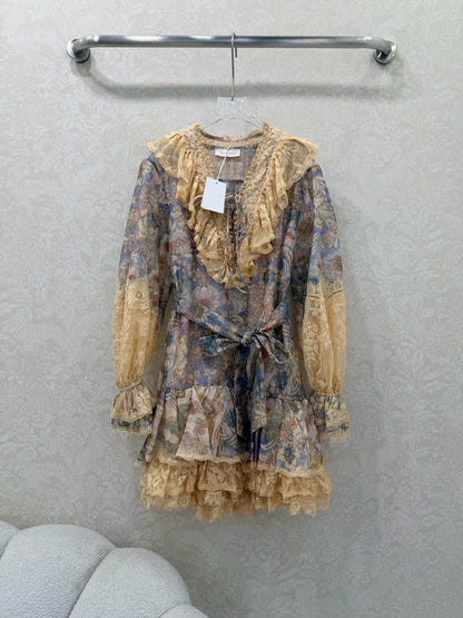 Zimmermann Rebellion Lace-Up Mini Dress Tan Blue Cotton 335959