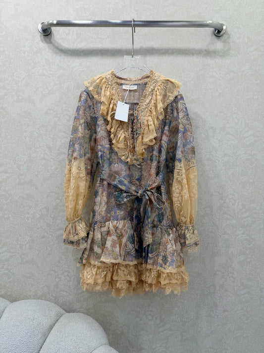 Zimmermann Rebellion Lace-Up Mini Dress Tan Blue Cotton 335959