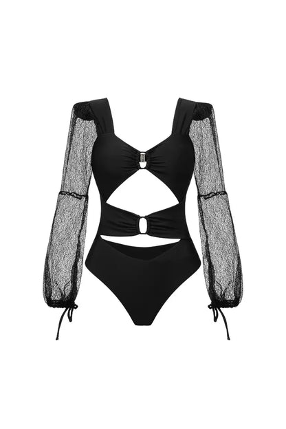 Long Sleeve Sheer Mesh Cutout Swimsuit