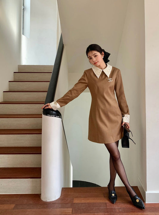 CC 25 A-Line Long Sleeved Dress Brown Polyester