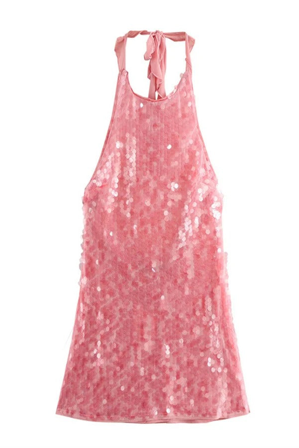 Minivestido sexy con espalda descubierta y cuello halter con lentejuelas y disco de rosas