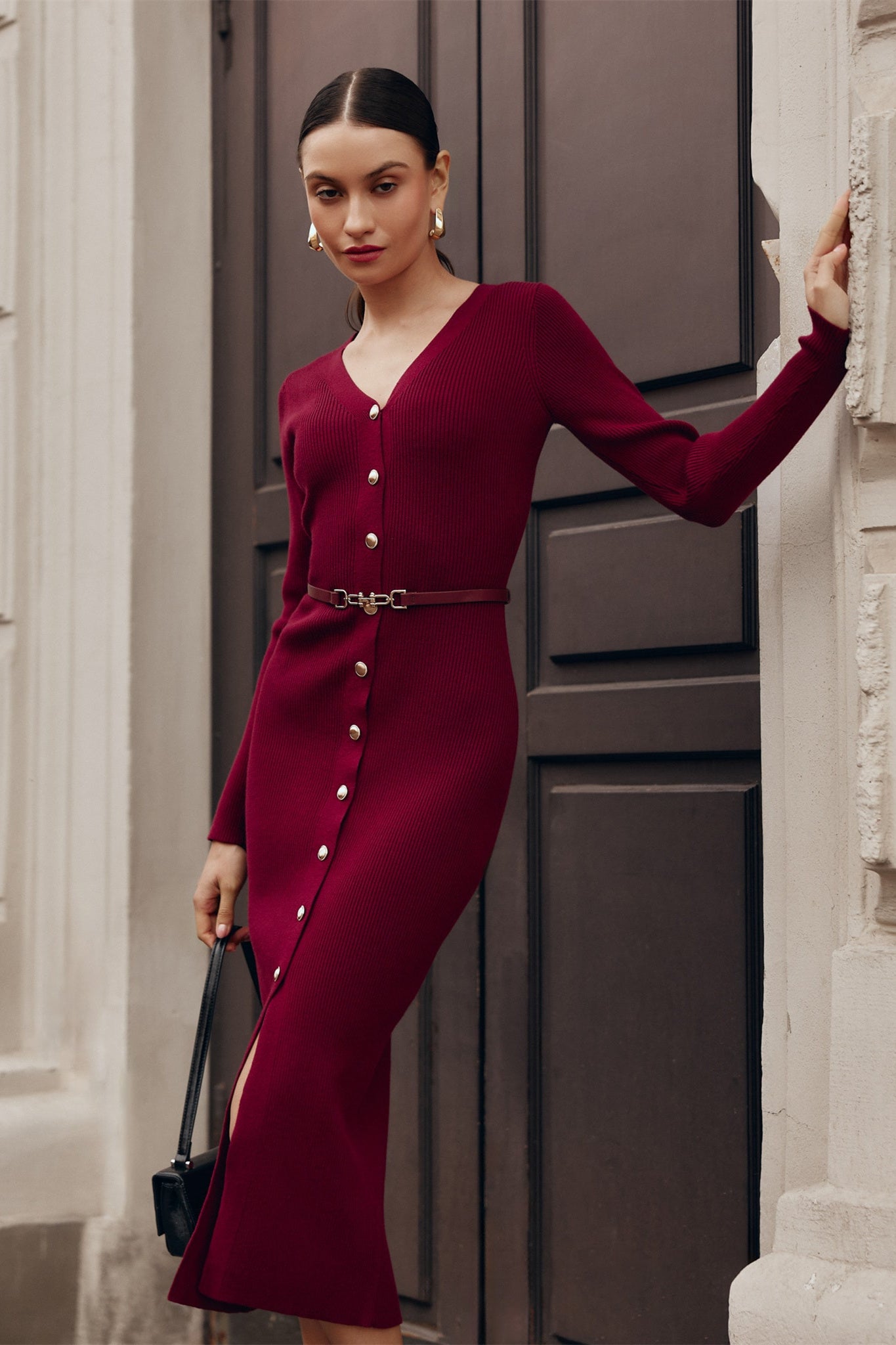Vestido midi de punto con cuello en V Alva 