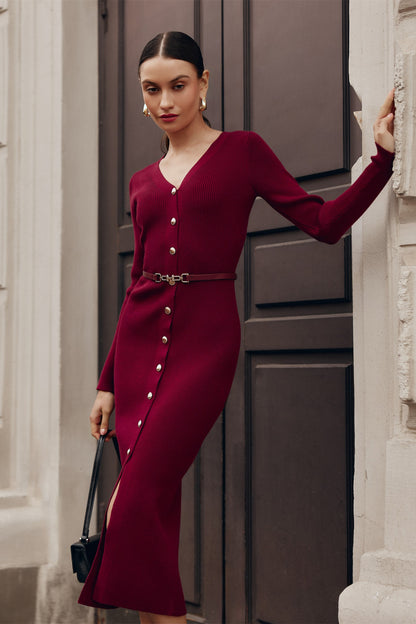 Vestido midi de punto con cuello en V Alva 