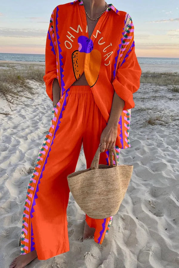 Conjunto de camisa holgada con estampado de frutas y pantalón con bolsillo en la cintura elástica