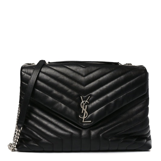 Calfskin Y Quilted Monogram Large Loulou Chain Satchel Black