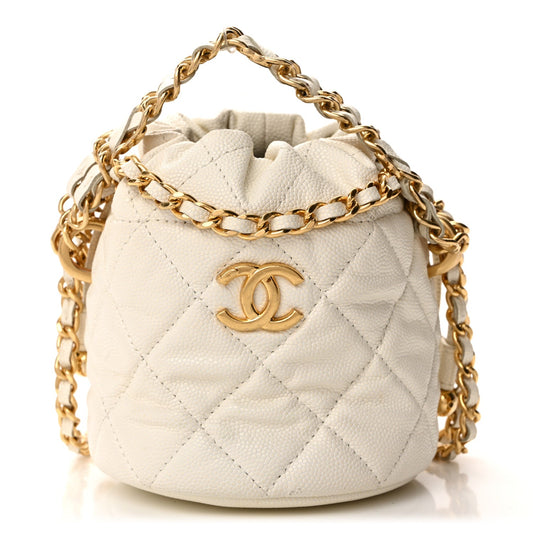Caviar Quilted Coco First Bucket Clutch With Chain White