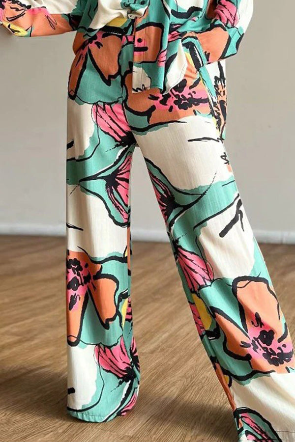 Conjunto de camisa de viajero con estampado de cintura alta y pantalones anchos