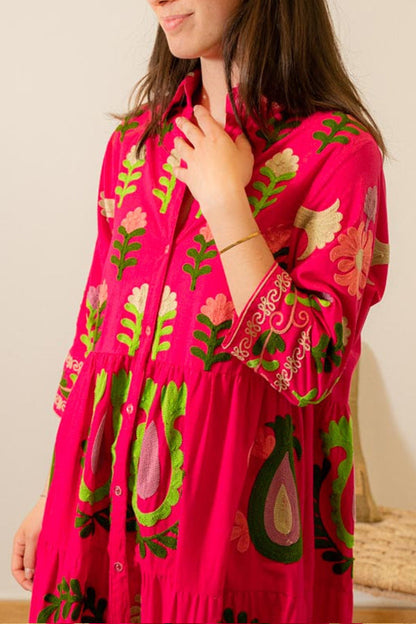 VESTIDO CAMISA FLORES ROSA FUCSIA 