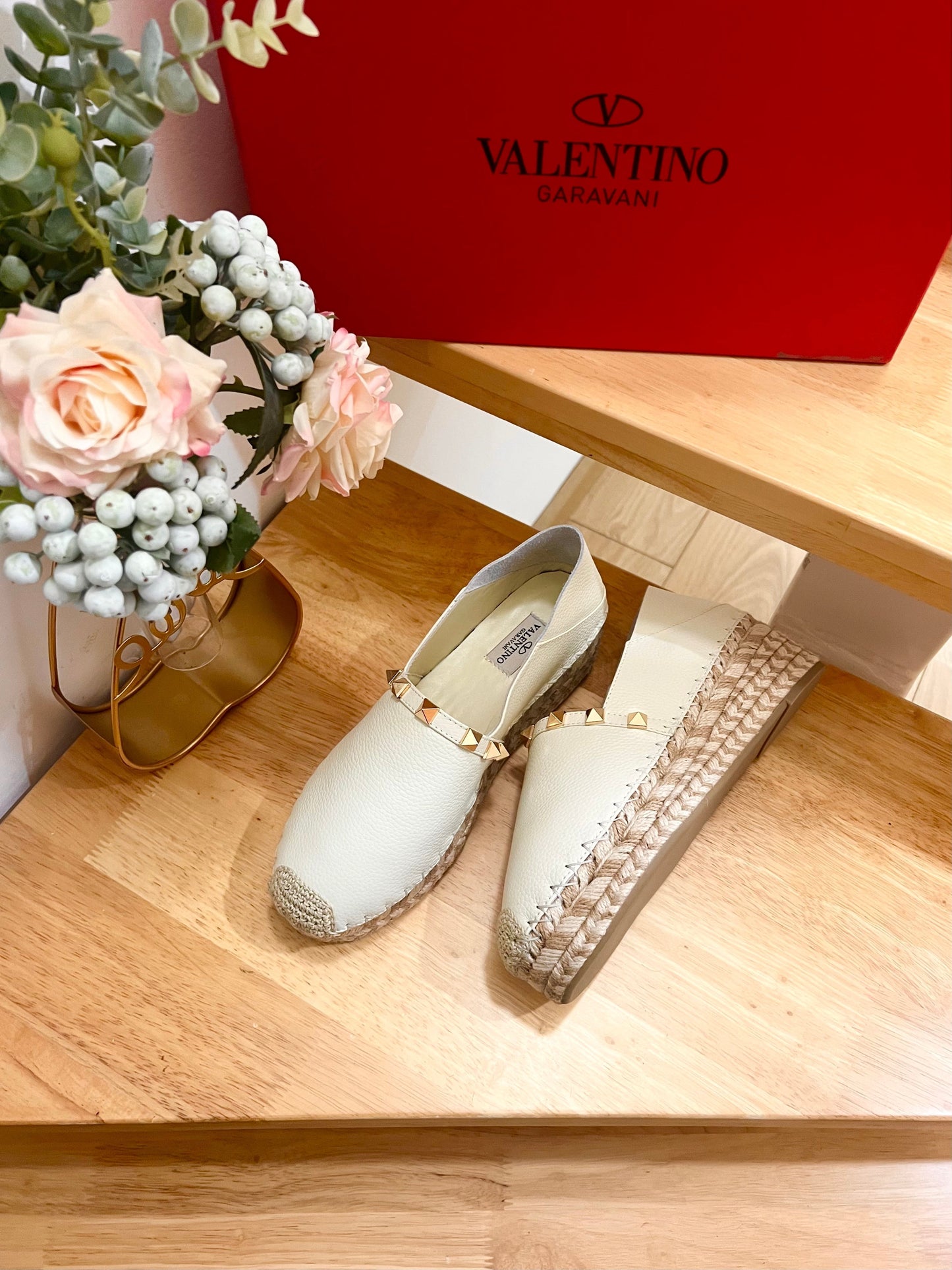 Valentino Rockstud Embellished Slip On Espadrille White Cowhide 240574