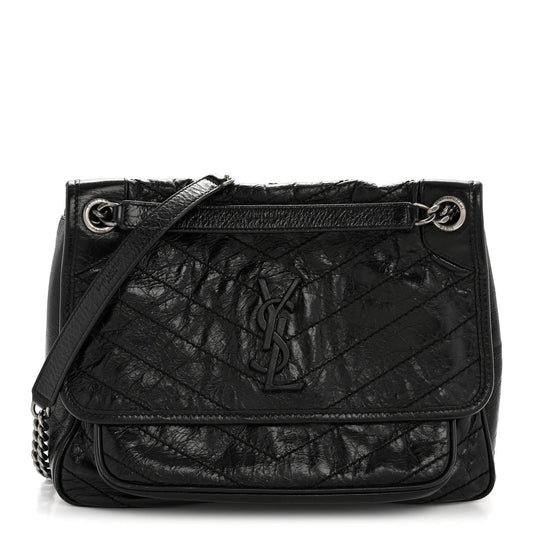 Crinkled Calfskin Matelasse Monogram Medium Niki Chain Satchel Black