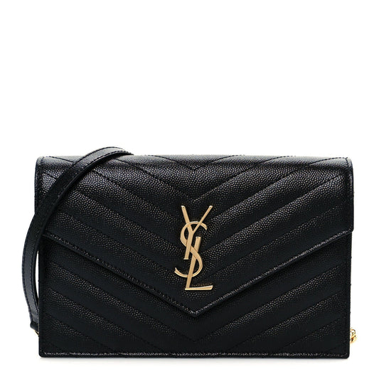 Grain De Poudre Matelasse Chevron Monogram Envelope Chain Wallet Black