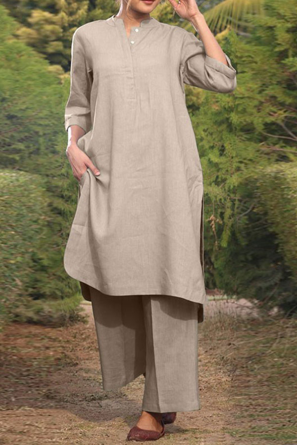 Cotton and linen V-neck 3\/4 sleeve wide brimmed pants 2-piece set