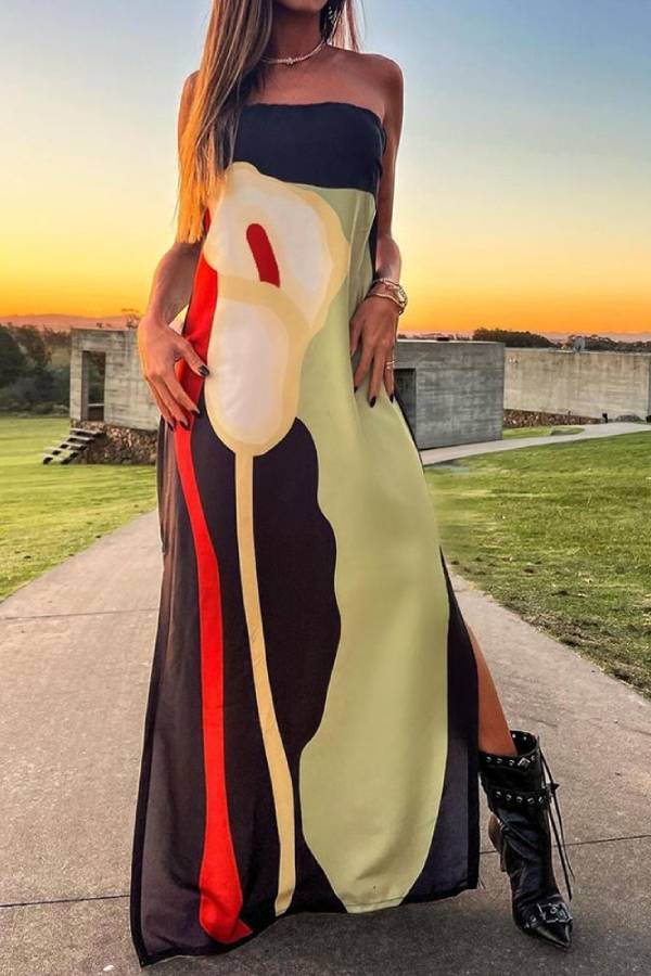 Vestido dividido sin tirantes con estampado artístico de moda
