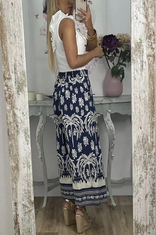 Pantalones anchos de pierna para vacaciones con bolsillo suelto y cintura elástica con estampado único