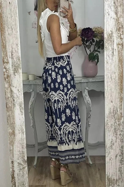 Pantalones anchos de pierna para vacaciones con bolsillo suelto y cintura elástica con estampado único