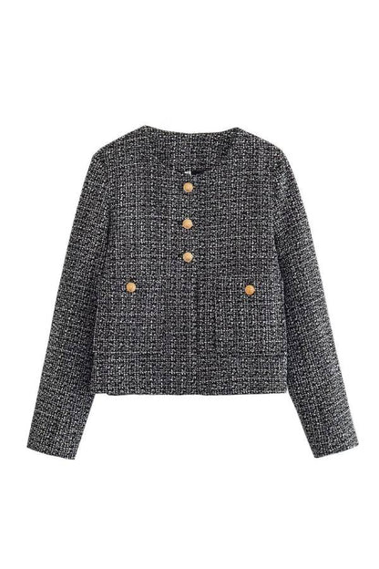 Chaqueta de botones con cuello redondo, corte entallado y bloques de color para mujer 