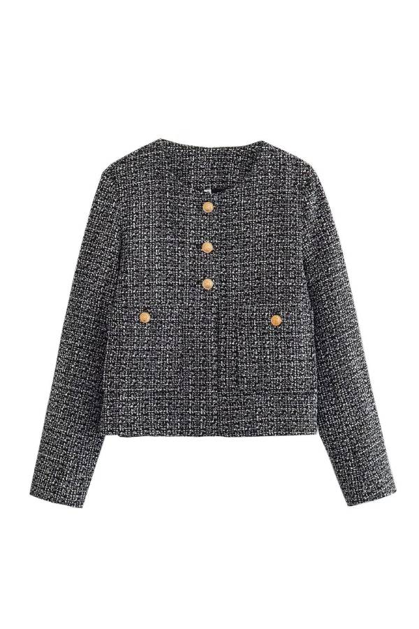 Chaqueta de botones con cuello redondo, corte entallado y bloques de color para mujer 