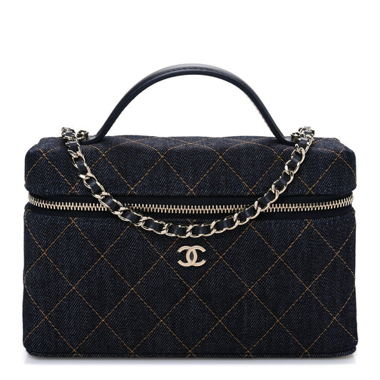 Denim Quilted Top Handle Slim Vanity Case With Chain Blue Orange