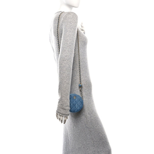 Denim Quilted Round Pearl Crush Clutch With Chain Blue