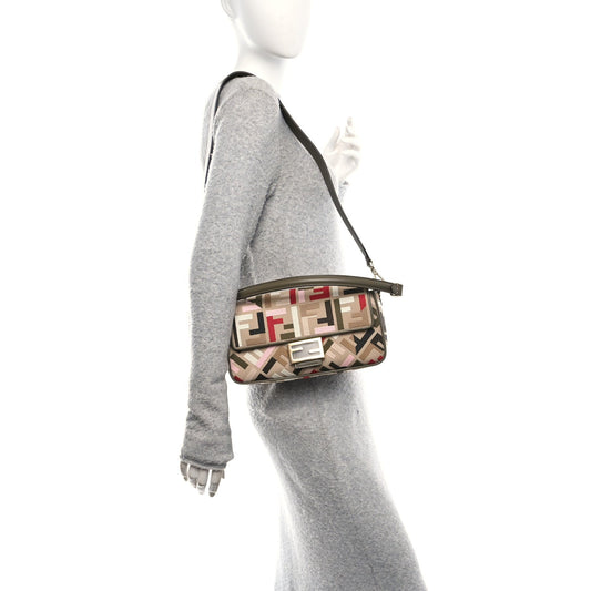 Canvas Vitello Seta FF Multicolor Embroidered Baguette Sand Avocado Multicolor