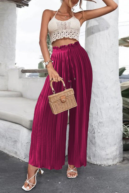 Pantalones casuales de cintura alta con pliegues y pierna ancha
