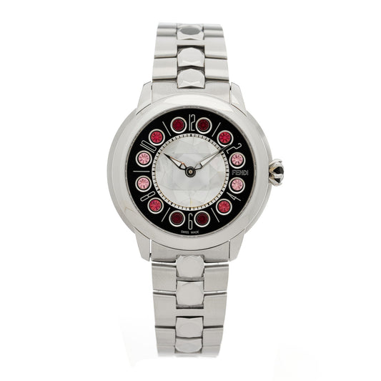 Stainless Steel Mother of Pearl Topaz Spinel 38mm Ishine Rotating Gem Two Tone Quartz Watch Black