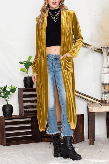 Cárdigan largo elegante de terciopelo amarillo con bolsillo frontal abierto