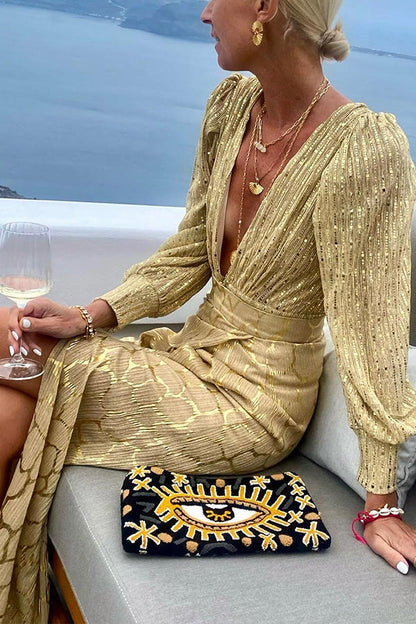Conjunto de falda con abertura y top con cuello en V y manga larga Gold Coast
