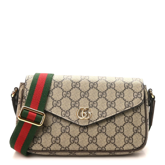 GG Supreme Monogram Textured Dollar Calfskin Web Mini Ophidia Envelope Shoulder Bag Beige Ebony New Acero