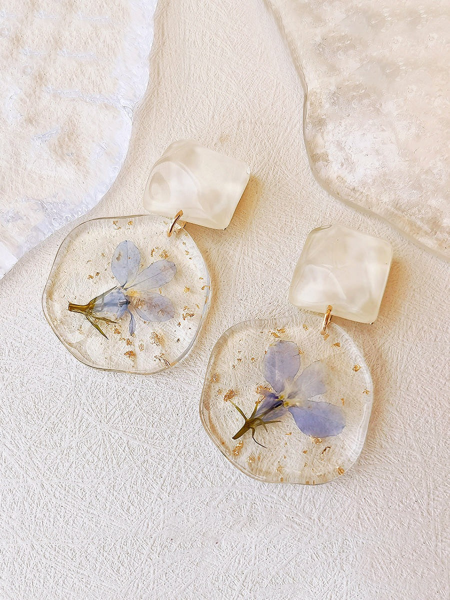 Pendientes de flores prensadas - Epoxy Vintage Azul Romántico 