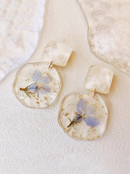 Pendientes de flores prensadas - Epoxy Vintage Azul Romántico 