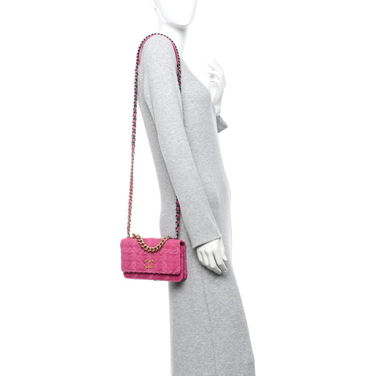 Wool Tweed Lambskin Quilted Chanel 19 Wallet On Chain WOC Fuchsia