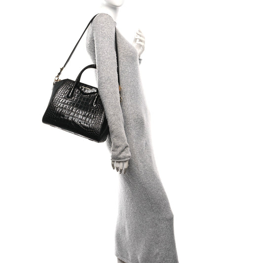 Calfskin Crocodile Embossed Small Antigona Black