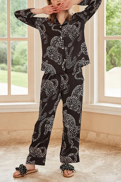 Conjunto de dos piezas de manga larga para casa con estampado de jaguar negro