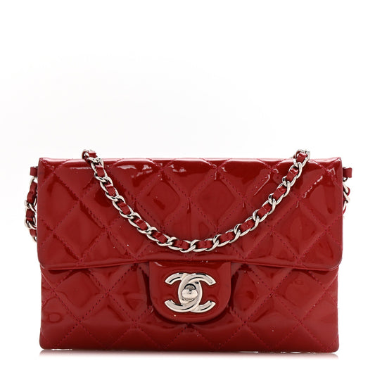 Patent Quilted Mini Flap Clutch With Chain  Red