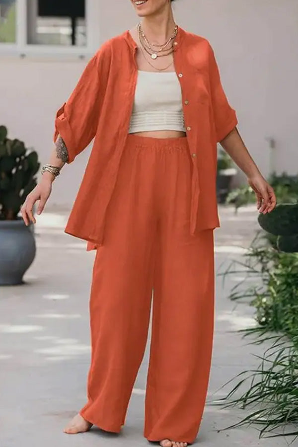 Conjunto de camisa y pantalón de color liso holgado informal