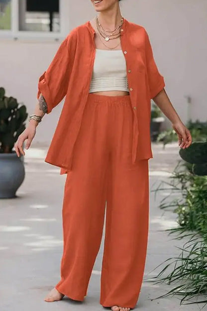 Conjunto de camisa y pantalón de color liso holgado informal