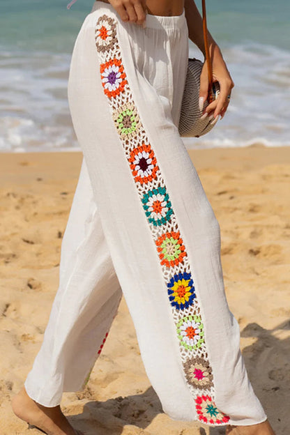 Pantalones Dimarco de lino, mezcla de colores, con flores de crochet y patchwork, cintura elástica y pierna ancha 